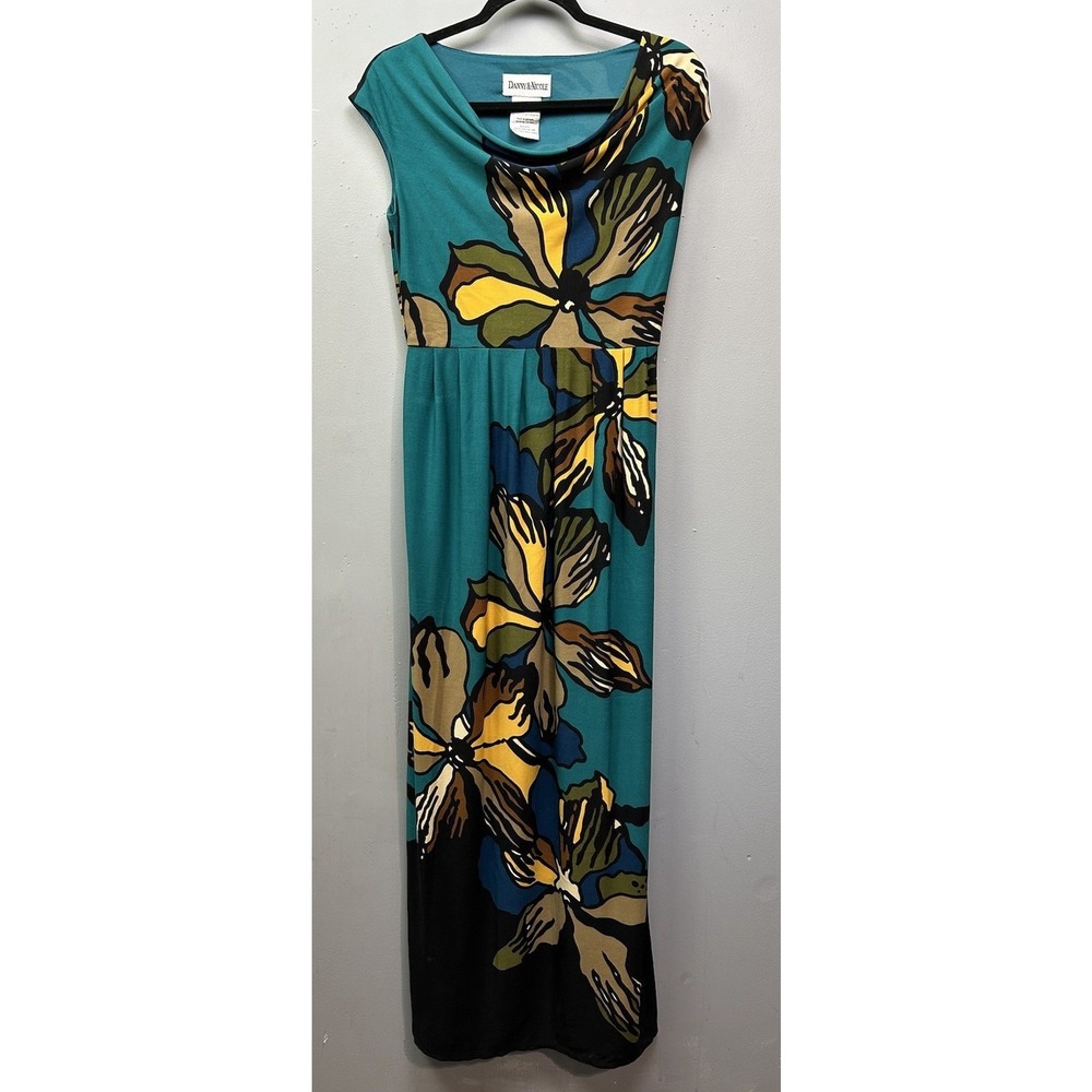 Danny & Nicole Maxi Dress Womens Small Teal Floral Cowl Neck Sleeveless Mod